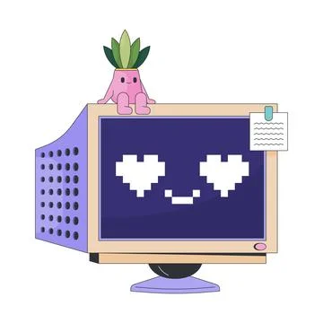 Adorable retro computer with pixel heart eyes and succulent 2D cartoon clip a Stock Illustration
