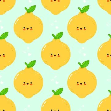 Adorable seamless pattern of cute cartoon lemons with happy faces. Stock Illustration