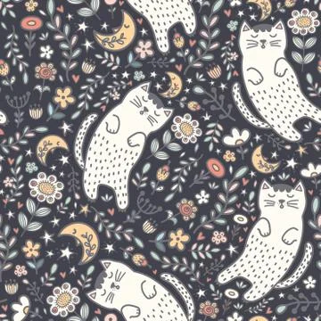 Adorable seamless pattern with a cute cat sleeping in the plants Stock Illustration