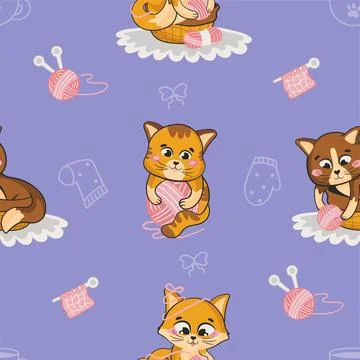 Adorable seamless pattern with cute cats and knitting on light violet backg.. イラスト素材