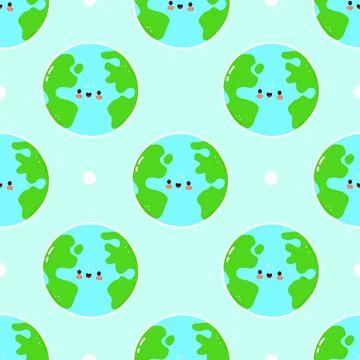 Adorable seamless pattern design with cute smiling cartoon Earths on a blue.. Illustrazione stock