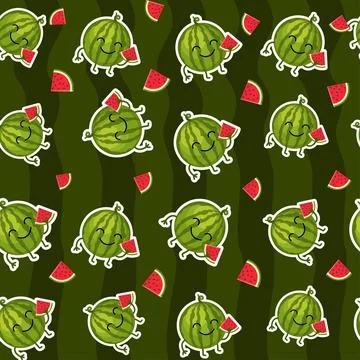 Adorable seamless pattern featuring a happy cartoon watermelon character hold 스톡 일러스트