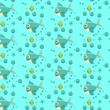 Adorable Seamless Pattern with Fish, Bubbles, and Seaweed on Aqua Stock Illustration