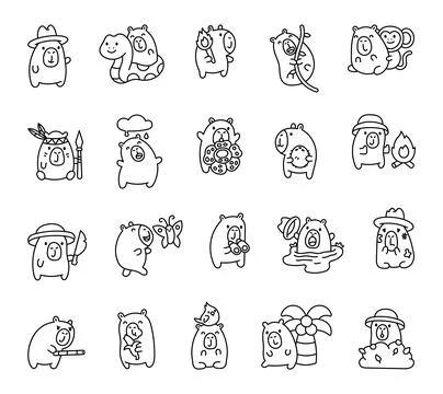 Adorable set of capybara exploring jungle life Stock Illustration