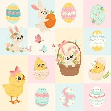 Adorable set of Easter bunnies, chickens, colorful eggs and spring flowers... Stock Illustration