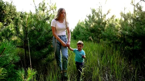 Adorable siblings exploring evergreen forest in wild nature slow motion view Stock Footage 104220801