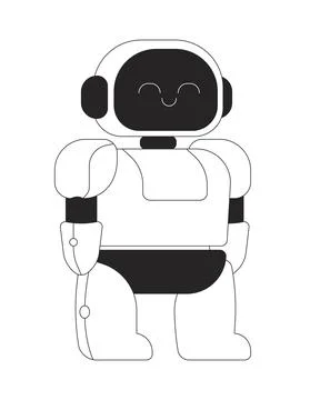 Adorable small humanoid robot with friendly smiling expression 2D line object Stock Illustration