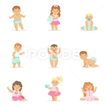Adorable Smiling Babies And Toddlers In Blue And Pink Outfits Doing First Steps Stock Illustration