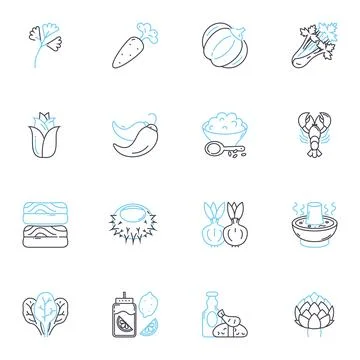 Adorable snack linear icons set. Tasty, Cute, Yummy, Delicious, Nutritious Stock Illustration