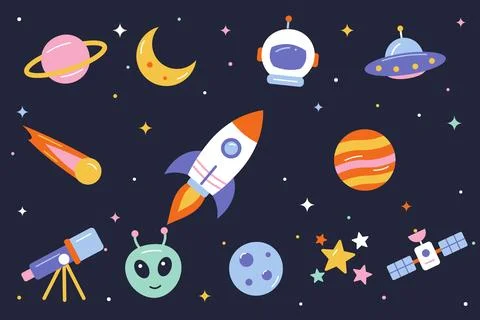 Adorable Space Exploration Elements On A Dark Night Sky 库存插图