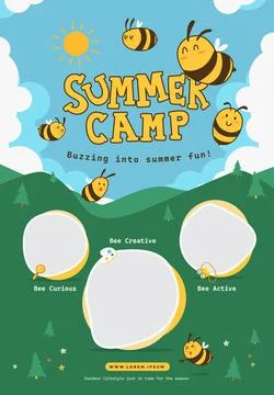 Adorable summer camp poster featuring cartoon bees, sunny sky, and labeled .. Stock Illustration