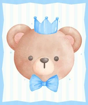 Adorable Teddy Bear Face with Blue Ribbon Bow and Crown watercolor, Cute nu.. Stock Illustration