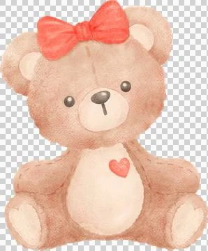Adorable Teddy Bear with Red Bow hair Watercolor Stock Illustration