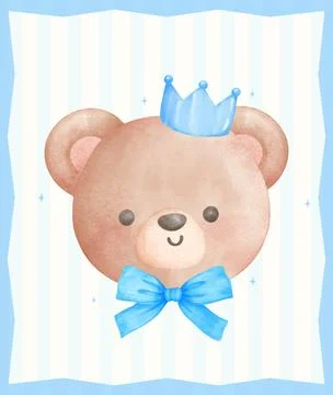 Adorable Teddy Bear Smile Face with Blue Ribbon Bow and Crown watercolor, C.. Stock Illustration