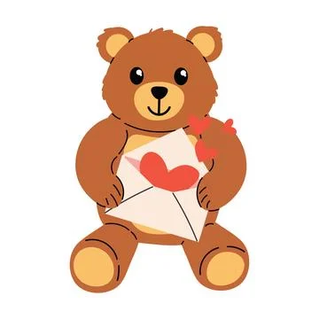 Adorable teddy bear with a Valentines note and floating hearts in cute cart.. Stock Illustration