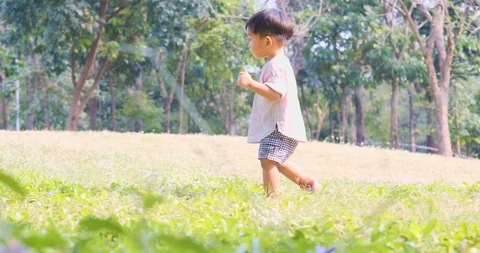 Adorable toddler boy walking practice on green grass city park slide vdo Stock Footage 124500849