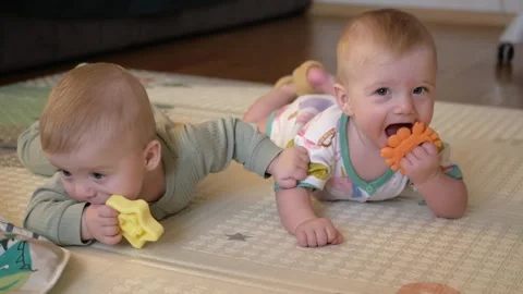 Adorable twin boys explore teething toys together, chewing and massaging gums Stock Footage 316038348