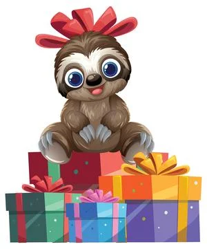 Adorable Vector Sloth Character Sitting on a Pile of Birthday Presents Stock Illustration