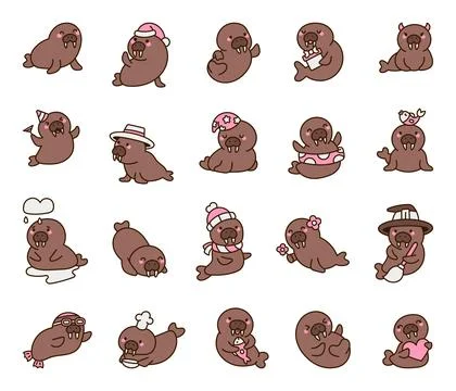 Adorable walrus set featuring various emotions Stock Illustration
