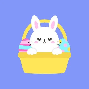 Adorable White Bunny Peeking from Easter Basket with Colorful Decorated Eggs Stock-Illustration