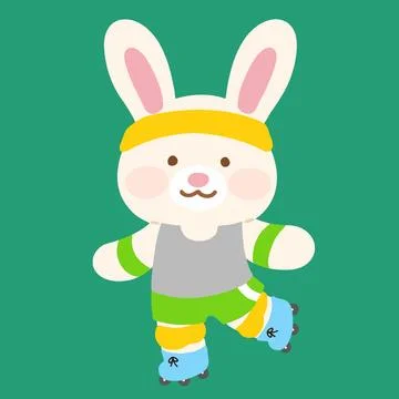 Adorable white bunny rollerblading with knee supporters on flat colored Stockillustratie