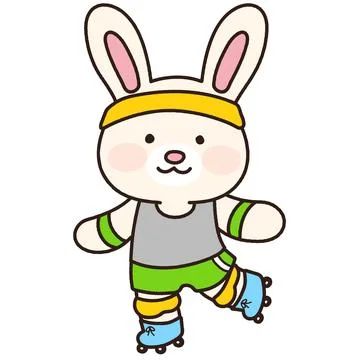 Adorable white bunny rollerblading with knee supporters on outlined Stockillustratie