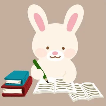 Adorable white bunny studying with notebooks and books flat colored Stock Illustration