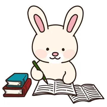 Adorable white bunny studying with notebooks and books outlined Stock Illustration