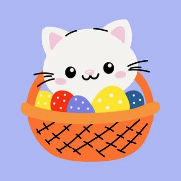 Adorable White Cat in Easter Basket with Colorful Eggs Illustrazione stock