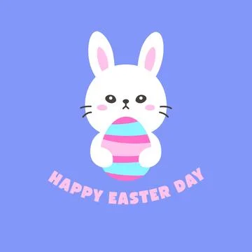 Adorable White Easter Bunny Holding a Striped Egg with Happy Easter Day Text Stock Illustration