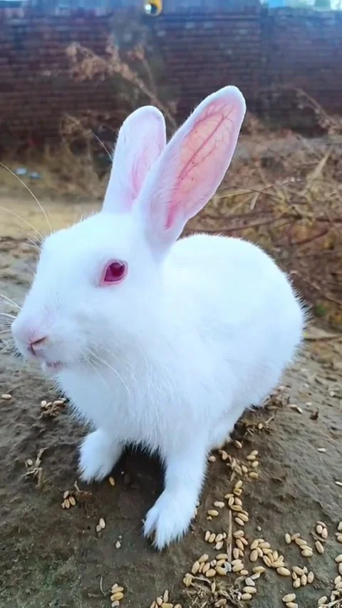 Adorable White Rabbit Eating Grain from the Ground Stock Footage 332870525