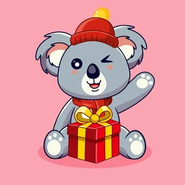 Adorable Winking Koala Holding a Gift with Winter Hat and Scarf Stock Illustration