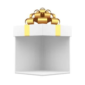 Adorable wrapped white gift box decorated metallic golden bow ribbon festive  Stock Illustration
