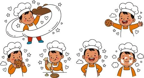 Adorable Young Boy Chef Baking Cookies with Joyful Expressions. Stock Illustration