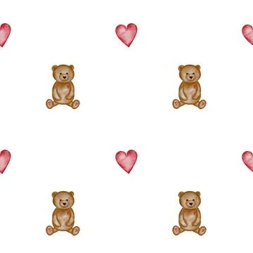 Adoreable watercolor seamless pattern teddy bear with red hearts. Cute print for Stock Illustration