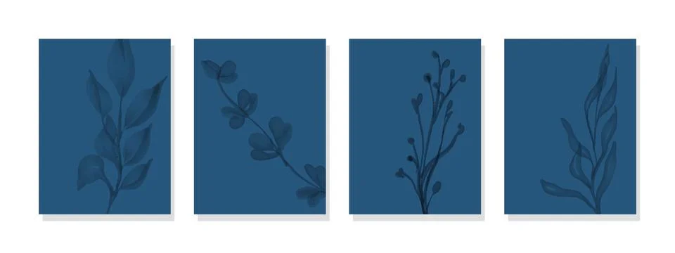 Adorn your space with a set of four blue wall art featuring captivating pla.. Stock Illustration