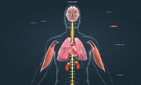 The adrenal medulla forms the inner part of the adrenal gland and secretes the Stock Illustration