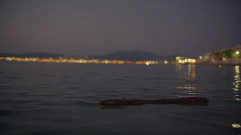 Adrift log gradually blurring in calm twilight sea Stock Footage 252734760