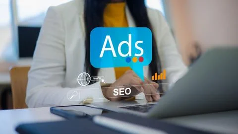 Ads and seo search engine optimization for business website.online advertis.. Stock Photos