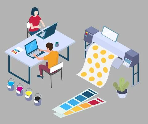 Ads banner print, vector isometric illustration. Printshop workers, equipment Stockillustratie