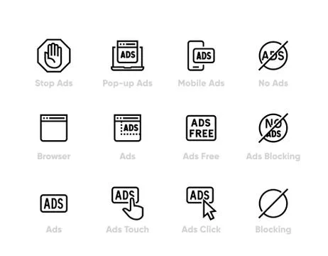 Ads Blocking, Ad Ban, Remove Advertisement logo vector icons. Editable line set Stock-Illustration