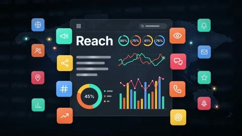 Ads Dashboard Reach Graph Teal Orange Yellow Line Chart Dark Navy Background Stock Footage 345642234