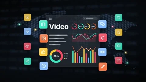 Ads Dashboard Video Analytics Real Time Graph Visualization Neon Glow Dark Stock Footage 345642078