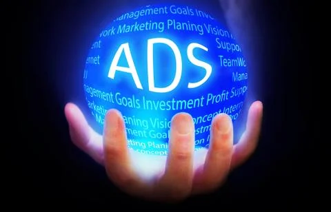 ADS globe in hand blue,concept background isolated black business Stock Illustration