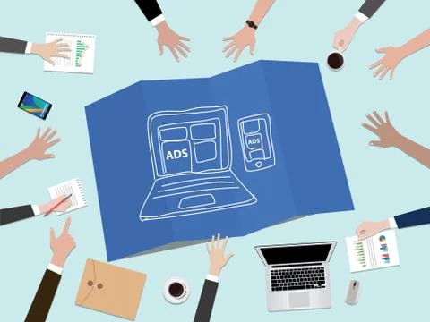 Ads placement concept illustration with hand team work together on top of the Stock Illustration