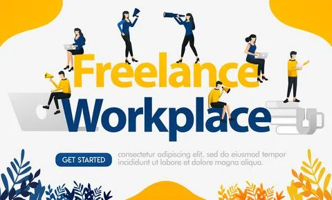 Ads for websites work with freelance method with words FREELANCE WORKPALCE, c Stock Illustration