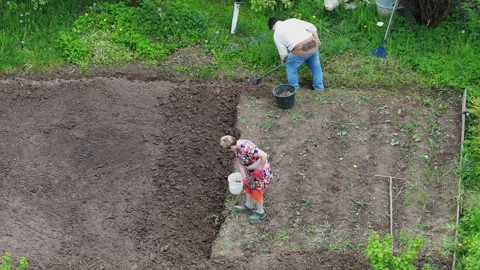 An adult couple is digging up their plot of land in the country for sowing Vídeos de archivo 242698821