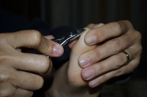  Adult hands using steel clippers to cut a child s toenails. care and hygi... Stock Photos