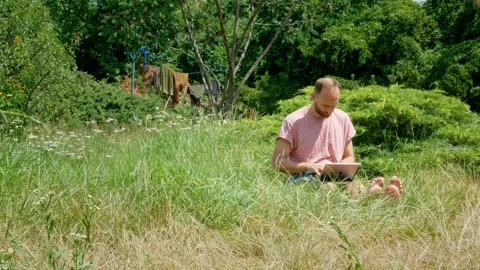 Adult man coding software while sitting on the grass on a sunny summer day Stock Footage 279214918