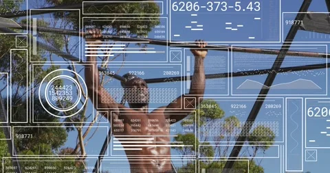 Adult man gripping pull-up bar and doing reps outside, HUD overlay charts Stock Footage 323456101
